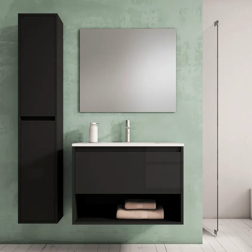 BELA_80_AntracitaBrillo Conjunto completo de mueble de baño con patas de 1c + 1h serie Yera (60, 80, 100 y 120)