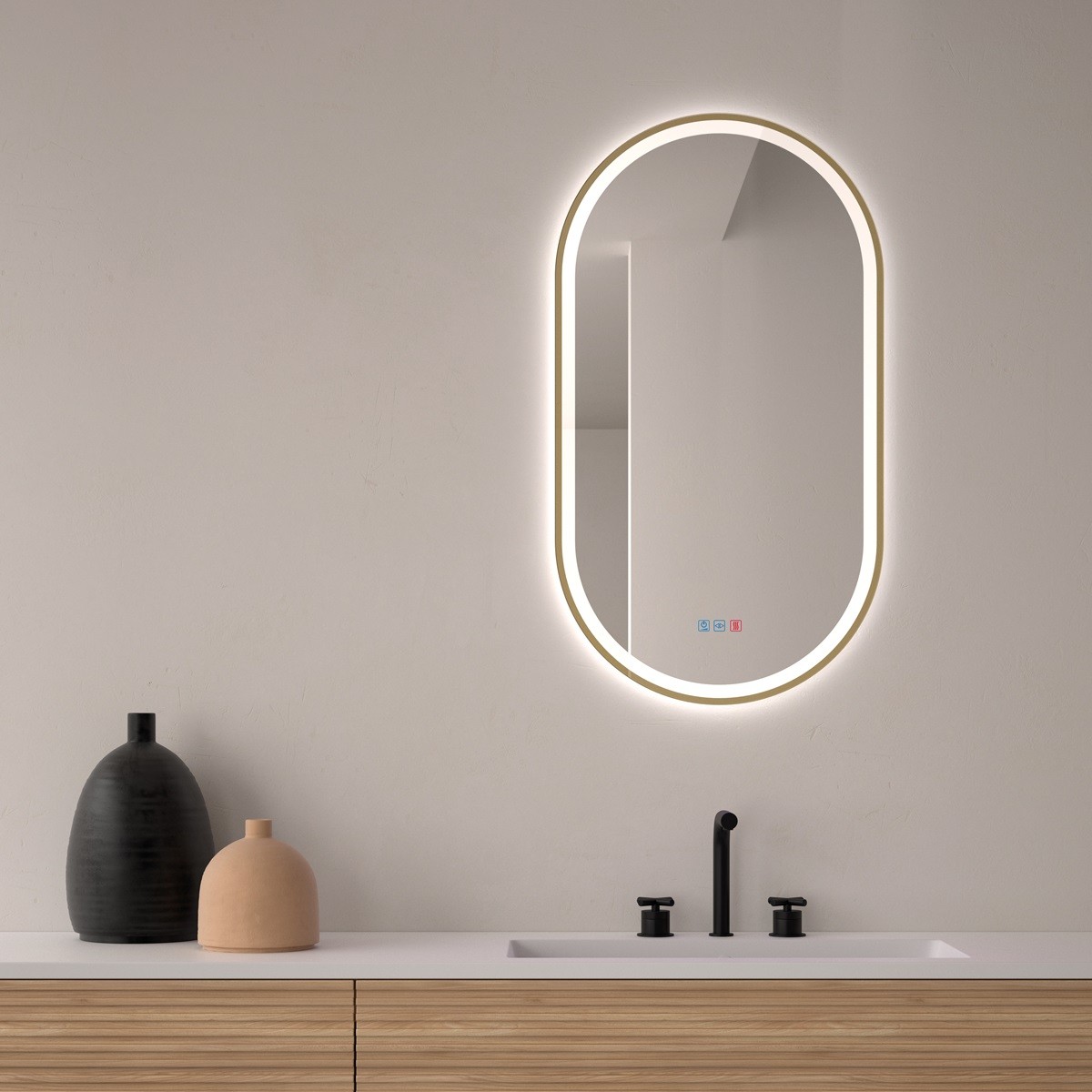 espejo-ovalado-bano-marco-dorado-led Espejo de baño con luz LED Ovalado triledLED Burdeos de Dyled con antivaho - Imagen 1