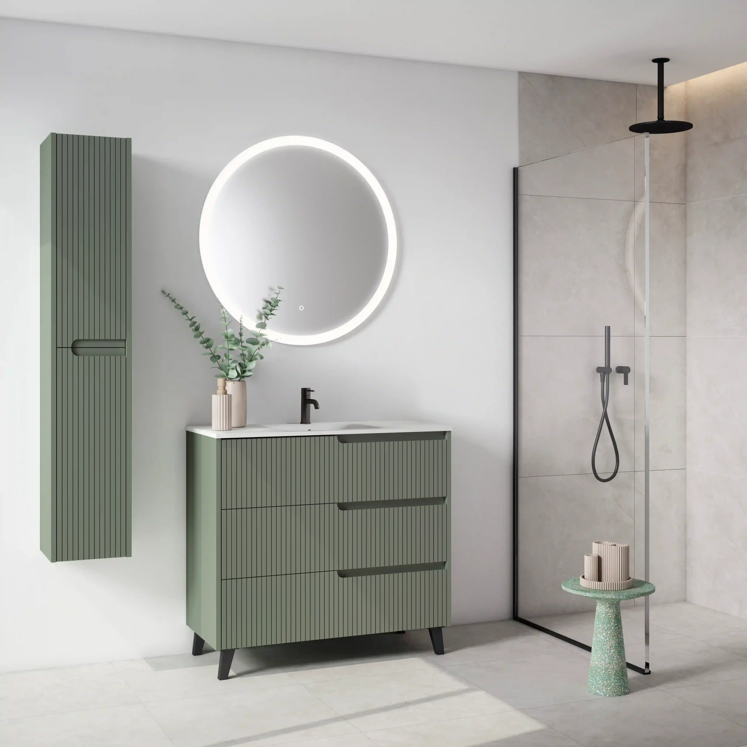 EZIO_100_3C_VerdeArcilla Conjunto mueble de baño con patas de 3c serie Ezio(60, 80, 100 y 120)