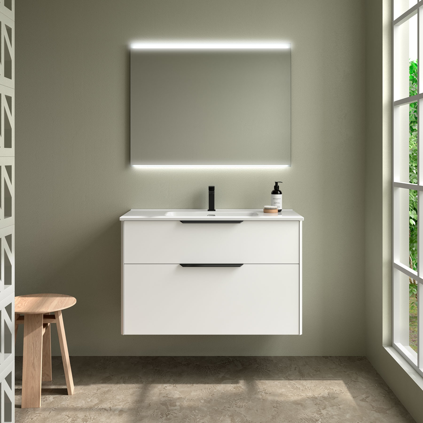 SALGAR-LUVA-IBON-1000-WHITE-SATIN-TIRADOR-NEGRO_l Conjunto de Mueble de baño suspendido LUVA de Salgar con encimera 60-80-100 y espejo premium LINIIA