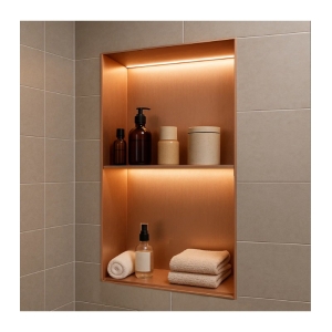 Hornacina para baño vertical con dos estantes oro rosa cepillado con luz led Marshall HOR006/ORC